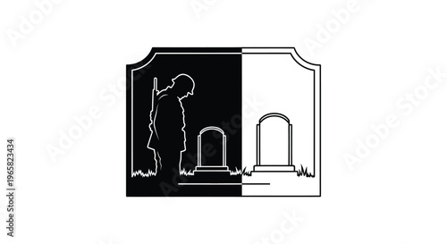 Military memorial silhouette of soldier at grave, fallen hero veteran cemetery vector, memorial day and veterans day tribute illustration