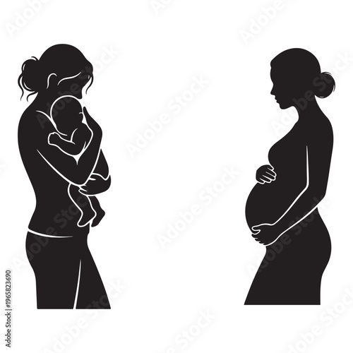 A silhouette illustration showing a mother holding her baby and a pregnant woman on the right side. Vector, illustration