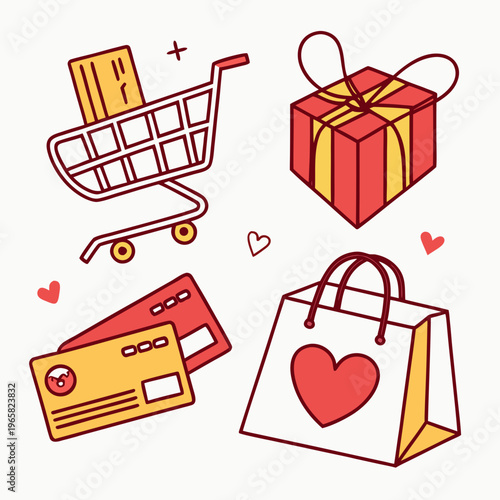 Set of icons for online shopping and gifts including shopping cart, credit cards, gift box and shopping bag with heart