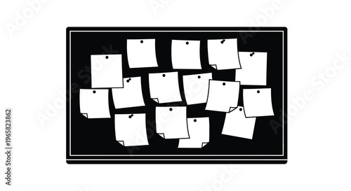 A black bulletin board covered with numerous white papers pinned to it