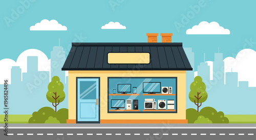 Illustration of a small laundry shop with colorful equipment on a city street