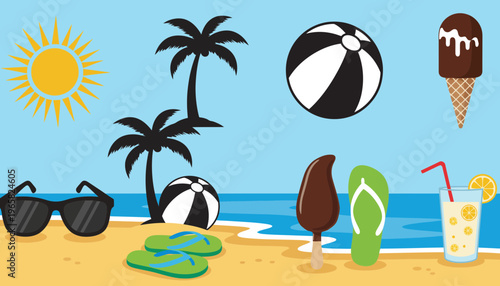 A beach scene illustration with summer items and palm trees