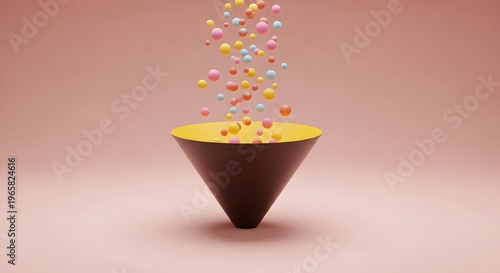 Colorful beads pouring into a brown funnel with a yellow interior