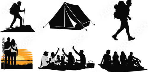 Outdoor adventure and relaxation vector illustration set with hiking, camping, and couples.