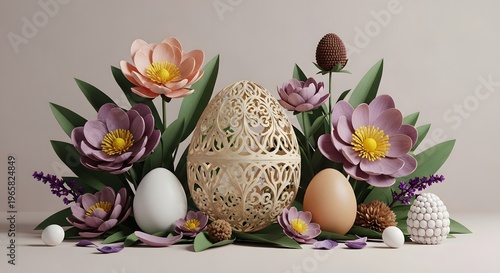 Easter still life with eggs flowers and bee