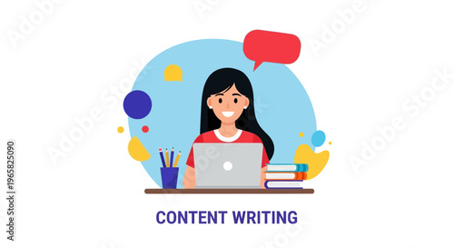 A cartoon woman sitting at a desk with a laptop and books, surrounded by colorful shapes and writing utensils.