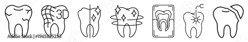 Dental Tooth Icon Set. Enamel Cracks Damage, 3D Scan Modeling CAD CAM, Teeth Whitening Before After, Polishing Protection Fluoride, X Ray Diagnosis, Laser Dentistry Treatment, Veneer Restoration