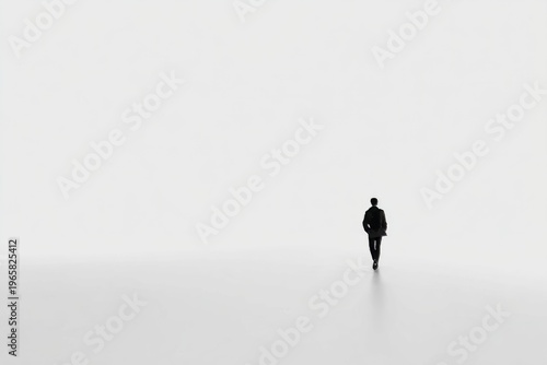 Solitary male figure walking in minimalist white space