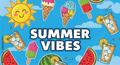 Colorful summer treats and refreshing drinks on a sunny day with ice cream popsicles watermelon and cocktails