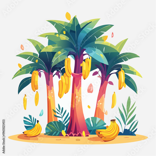 Vibrant tropical banana trees illustration, showcasing ripe yellow fruit in a stylized orchard setting with lush leaves
