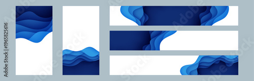 World Ocean day header bundle kit featuring blue and white waves paper cut style. Papercut art banner collection vector illustration. Sea marine life save water 3d ecology poster wavy design.