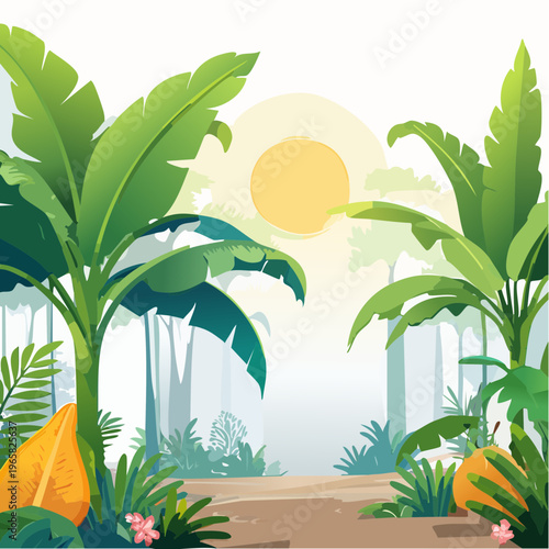 Tropical paradise with lush green banana trees and exotic fruits under the sun