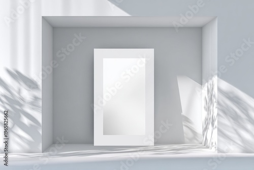Minimalist white rectangular mirror in sunlit alcove with subtle shadow play