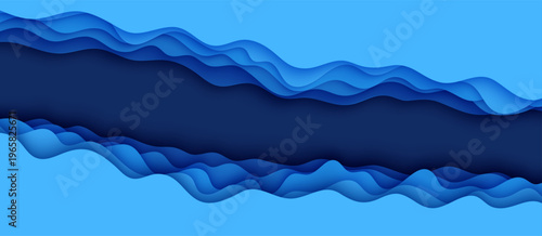Blue color layers with smooth shadow papercut art. Cut out diagonal deep waves rift in the ocean floor. 3d abstract bg vector illustration origami environment template. Wavy border in paper cut style.