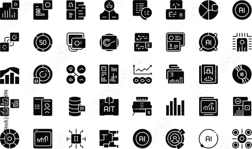 Artificial intelligence and machine learning technology icon set with neural networks data processing computer chips and smart automation symbols in glyph vector style