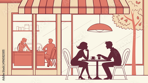Couple sitting at cafe table silhouettes, romantic conversation dating scene, coffee shop meeting lifestyle illustration, people relationship moments vector