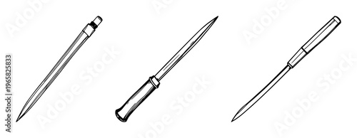 Black line art, metal awl handle, white background set with simple line art design featuring line art, illustrations, graphic resources with vector and design elements