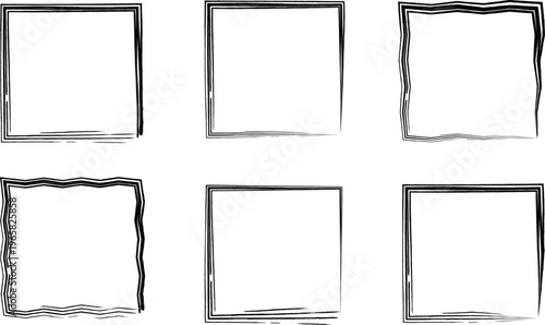 Collection of minimalist grunge square borders with artistic sketchy hand-drawn charcoal texture for design.