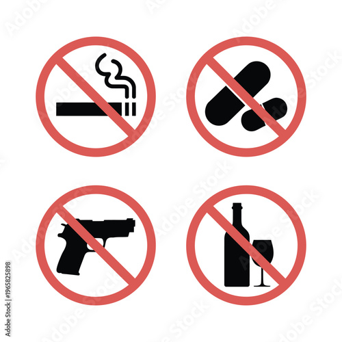 Free Download Collection of four no sign icons depicting prohibition of smoking drugs handgun and alcohol on transparent background graphic. - GFXLoad