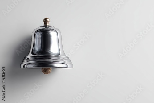 Elegant silver bell with wooden knob on minimalist wall background