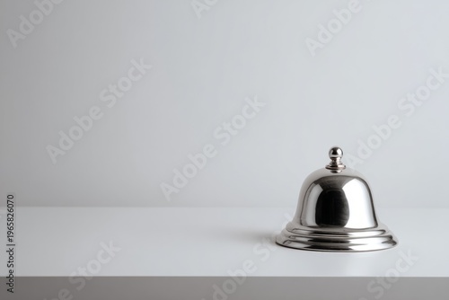 Silver service bell on minimalist white surface for hospitality themes