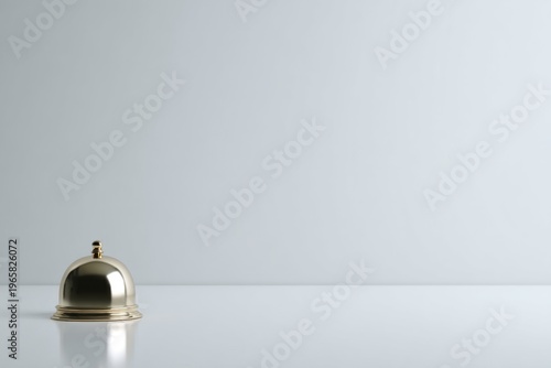 Minimalist image of gold service bell on white desk in simple setting