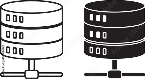 Two database server with outline and solid black styles featuring cylindrical storage units and network connection symbols