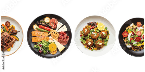 Grilled meat plate, charcuterie assortment, smoked salmon and cheese, falafel salad bowl, grain salad dish, healthy cuisine art, flat vector illustration