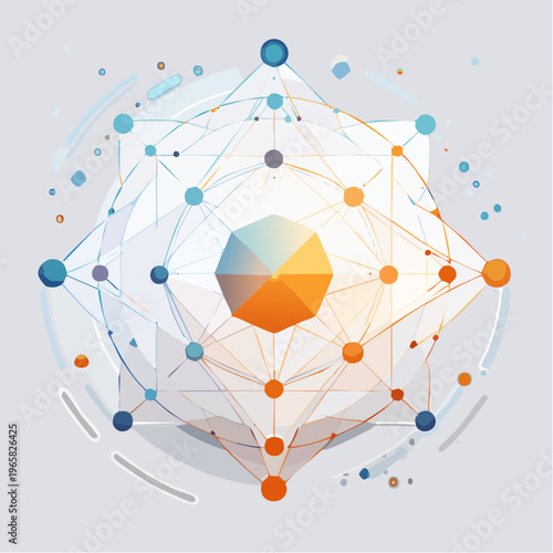 Abstract Network Geometry Interconnected Nodes and Lines Forming a Dynamic Technological Structure with Polyhedral Center