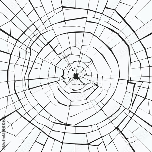 Intricate web of cracked glass shards radiating from a forceful impact, creating a striking abstract pattern