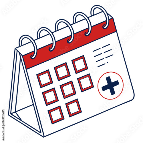 Desk calendar with red top header and cross symbol for medical appointment booking or healthcare event planning in isometric line art vector design