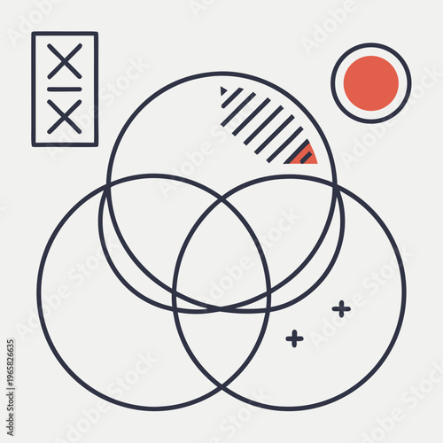 Venn diagram with hatching and red circle abstract graphic symbolizing connection or intersection of ideas over light background