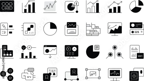 Business growth and data monitoring icon set with performance analytics financial tracking dashboard elements and strategic planning symbols in solid glyph style