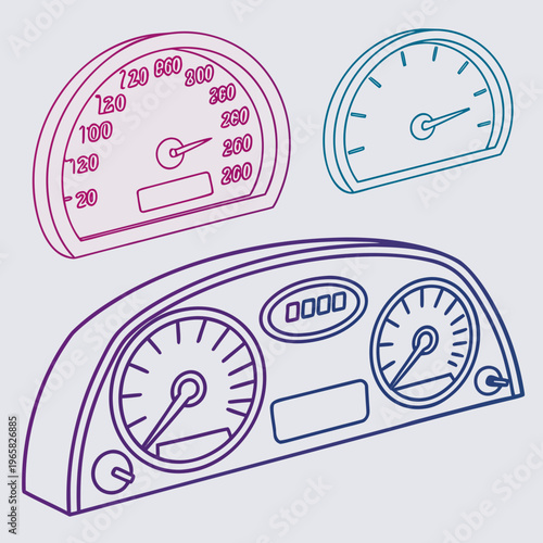 Automobile dashboard gauges, speedometers, and odometers with dials and needles on light gray background vector set