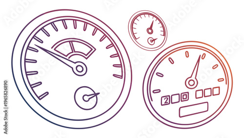 Speedometer and tachometer gauges with needles and scales on light gray background vector group perspective view