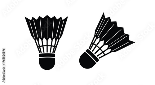 Two black and white depictions of a badminton shuttlecock viewed from different angles