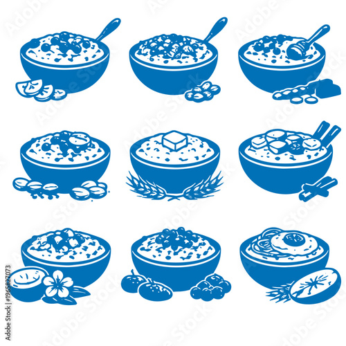 Breakfast assorted oatmeal bowls with fruits toppings healthy meal set illustration