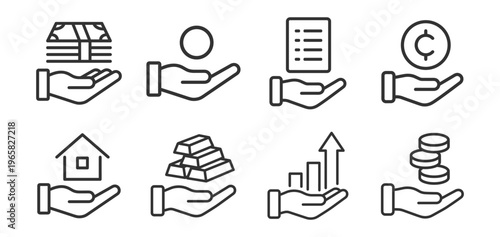 financial and investment icons set with hands holding money, coin, document, house, gold bars, chart, and coins on transparent background