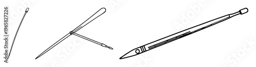 Upholstery needle set with black line art illustration on white background featuring sewing tools, needlework, textile crafts with minimalist and illustrative style