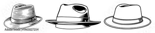 Vintage hat set with black line art design on white background featuring hat, fashion, accessory with silhouette and iconography