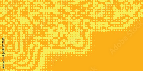 Yellow halftone pattern. Retro comic gradient background. Bright orange pixelated dotted texture overlay. Cartoon pop art faded gradient pattern. Vector backdrop for poster  banner  advertisement