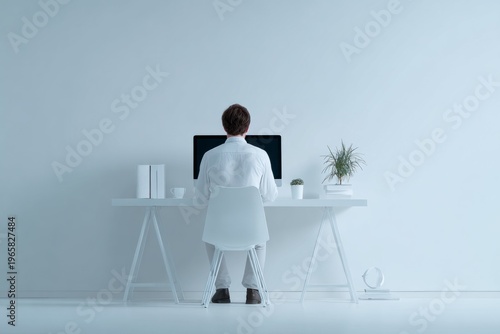 Young caucasian male working at minimalist white desk in modern office space