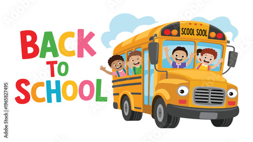 Cheerful yellow school bus with diverse, excited children waving from windows, ready for a new academic year, accompanied by vibrant "Back to School" text, symbolizing a happy return to education.