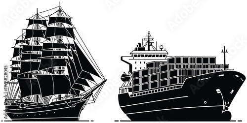 Historic sailing ship beside modern cargo vessel silhouette, maritime evolution from wind power to global trade transport, flat vector illustration