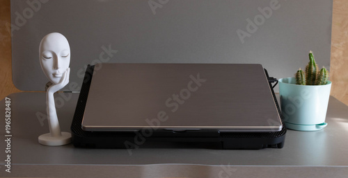 Home office laptop on a gray wooden table with a cactus pot and a white statue