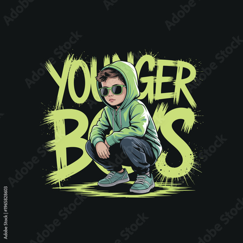 Younger boys graffiti style illustration with cool kid wearing sunglasses and green hoodie crouching