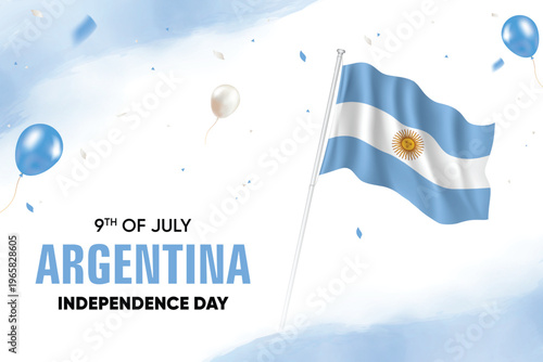Argentina Independence Day. Argentina Flag Waving With Floating Balloons On Watercolor Grunge Backgorund Design Vector Illustration.