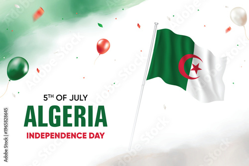 Algeria Independence Day. Algeria Flag Waving With Floating Balloons On Watercolor Grunge Backgorund Design Vector Illustration.