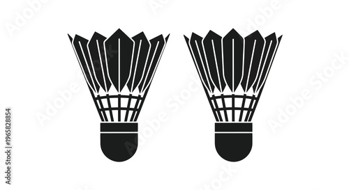 Two black and white badminton shuttlecocks depicted in a simple graphic style