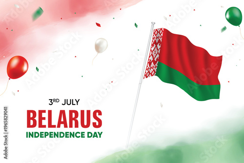 Belarus Independence Day. Belarus Flag Waving With Floating Balloons On Watercolor Grunge Backgorund Design Vector Illustration.